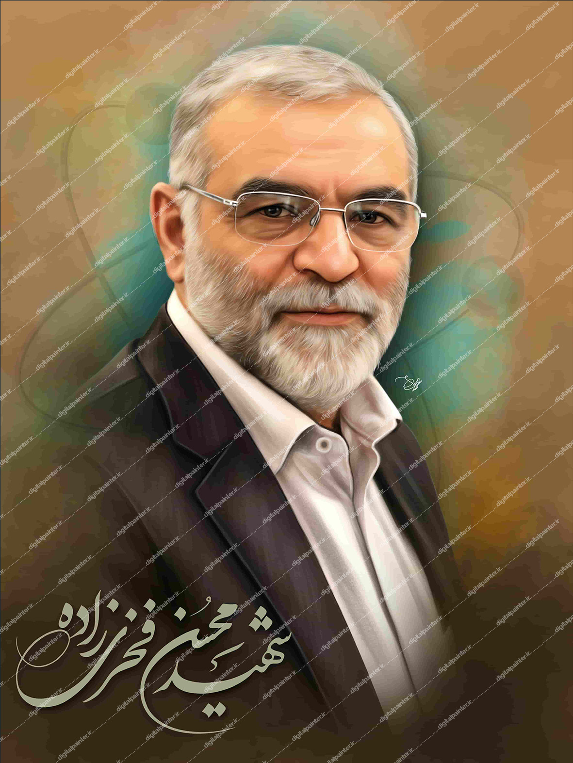 نقاشی دیجیتال دانشمند شهید محسن فخری زاده